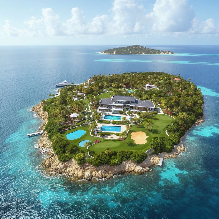 Luxury private island resort with modern villa, swimming pools, golf course, lush palm trees, and a yacht surrounded by clear turquoise ocean water – Long Island Utopia Guide