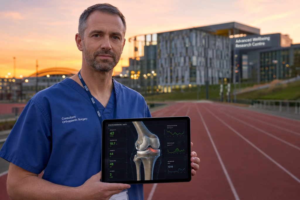 Imagine a photograph showing a consultant in blue surgical scrubs standing on a running track at sunset, with the Sheffield Olympic Legacy Park skyline (including the Advanced Wellbeing Research Centre) blurred in the background, while holding a tablet displaying a 3D model of a human knee overlaid with environmental sensor data.One health group sheffield olympic legacy park consultants
