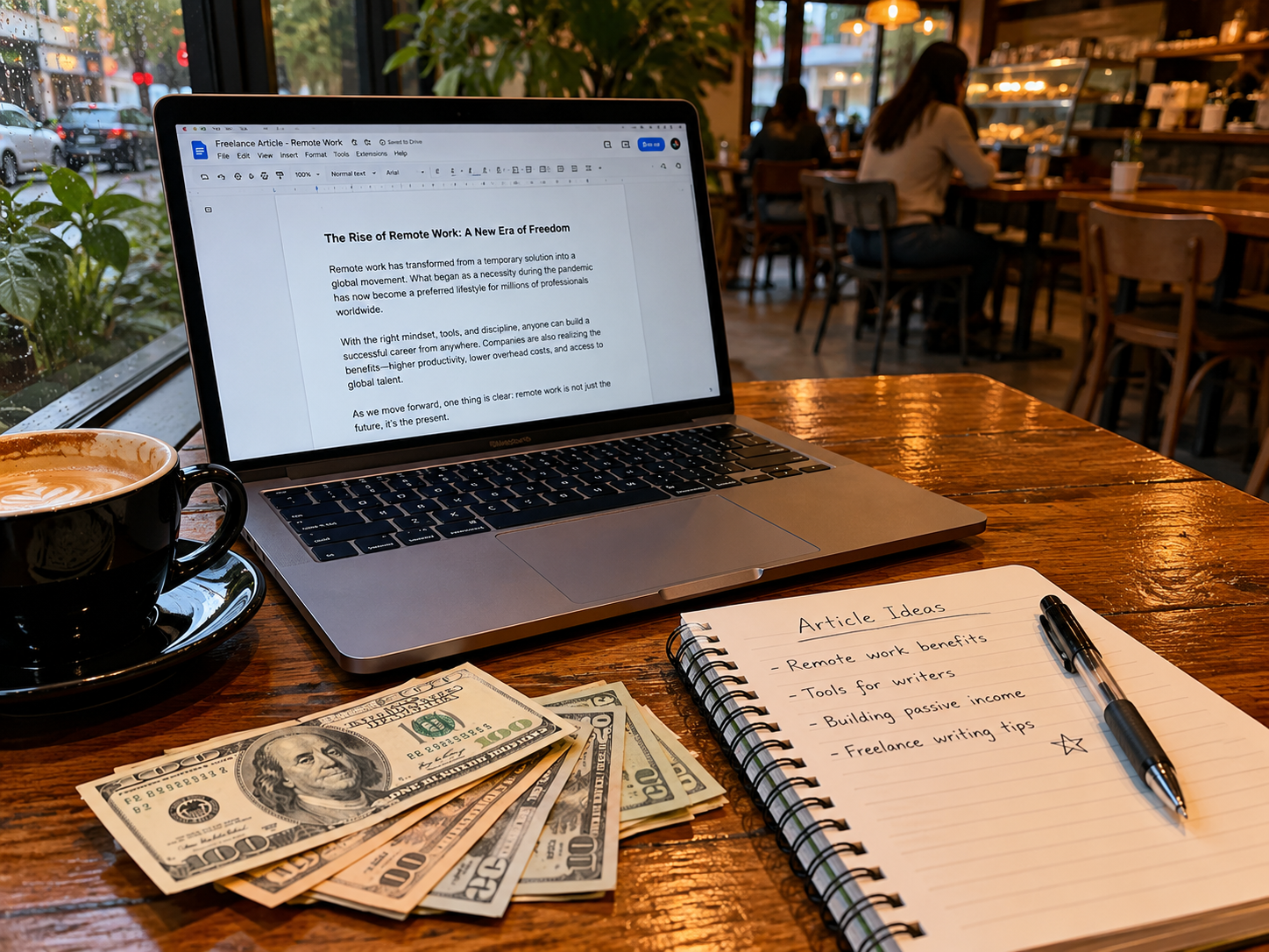 Freelance writer side hustle — laptop on a coffee shop table with open document and dollar bills beside it make it more relastic
