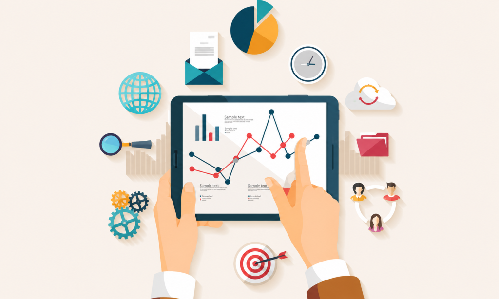 Flat vector illustration of business analytics dashboard on a tablet with charts, graphs, gears, cloud sync, and teamwork icons surrounding hands using the device.Meter asset manager