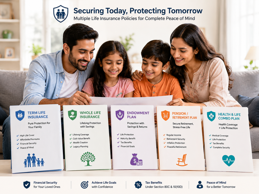 Happy family reviewing multiple life insurance policies together at home for financial security and future protection planning.