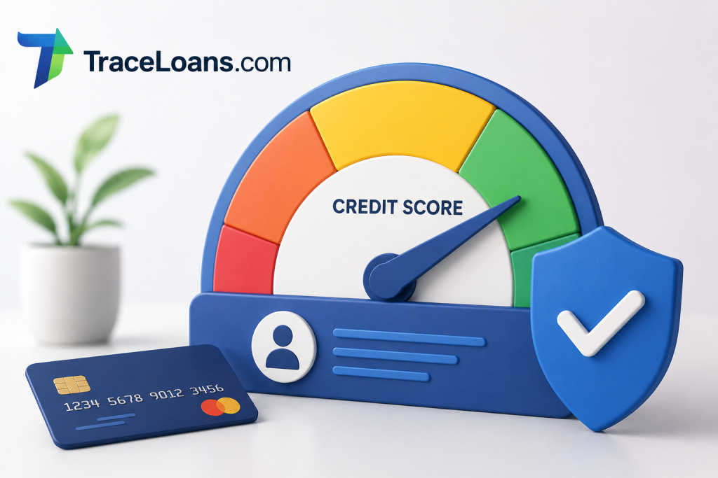 Creative TraceLoans.com credit score illustration with secure credit card, protection shield, and high credit score meter for financial health.