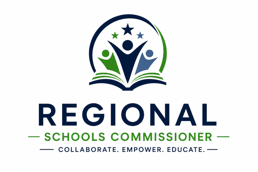 Regional Schools Commissioner logo with people figures, book icon, and education tagline