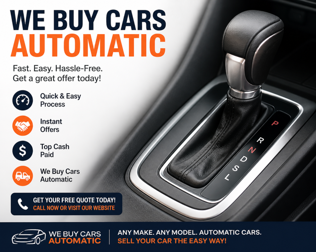 Car buying advertisement featuring bold text ‘We Buy Cars Automatic’ with a close-up of an automatic gear shift and promotional benefits like fast, easy, hassle-free service and instant cash offers