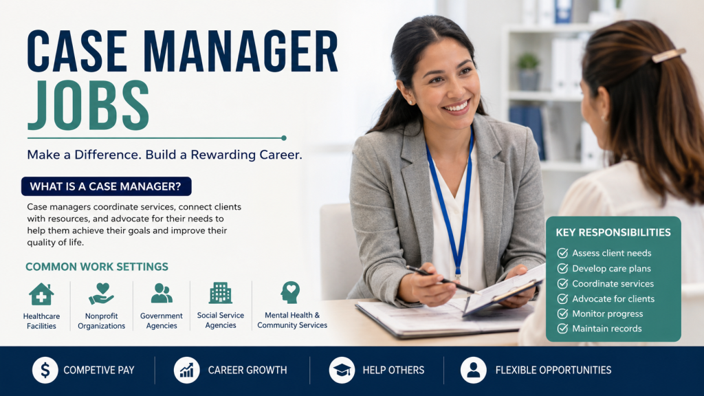 Professional case manager discussing client needs in an office setting, highlighting case manager jobs, responsibilities, career growth, and work environments in healthcare and social services