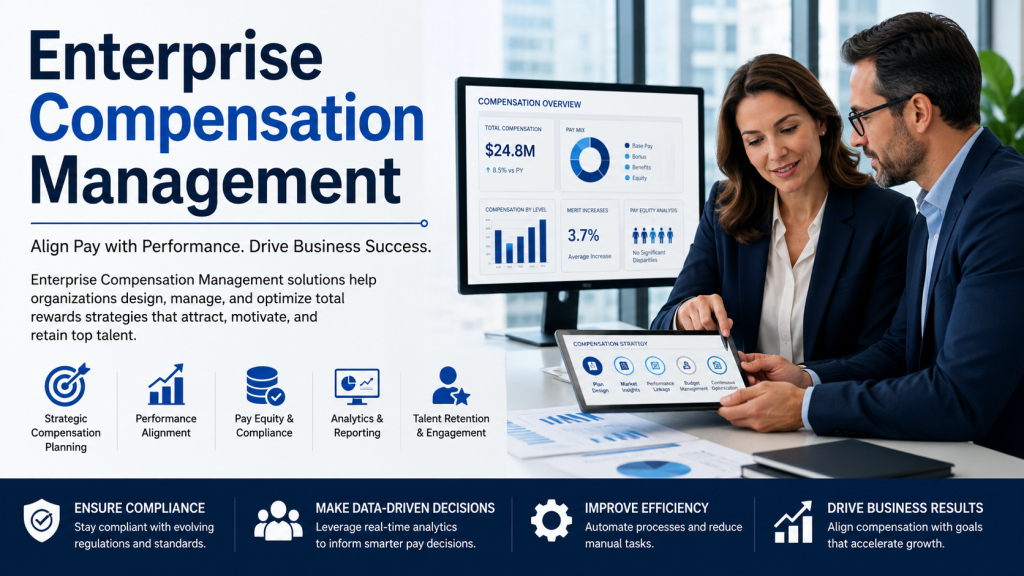 Business professionals analyzing salary data and performance dashboards, illustrating enterprise compensation management strategies, pay alignment, analytics reporting, and talent retention in modern organizations