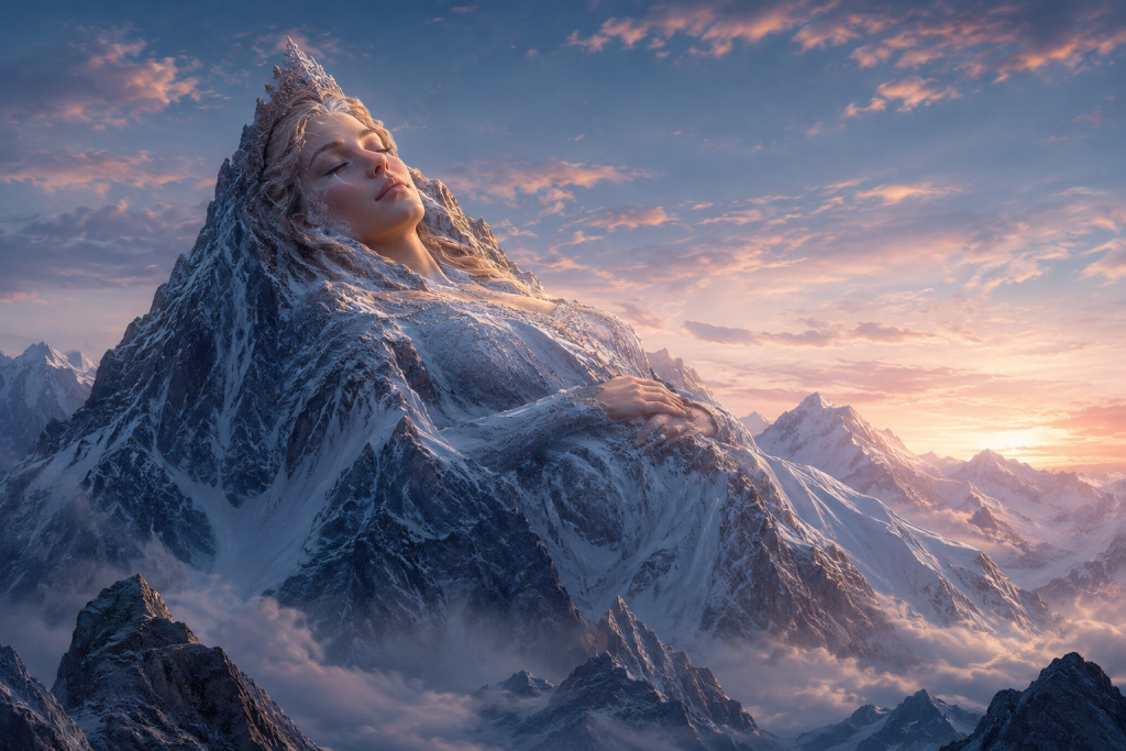 Sleeping Beauty Mount Everest fantasy landscape showing a mountain shaped like a sleeping woman covered in snow, glowing under sunrise with clouds and dramatic Himalayan peaks surrounding it