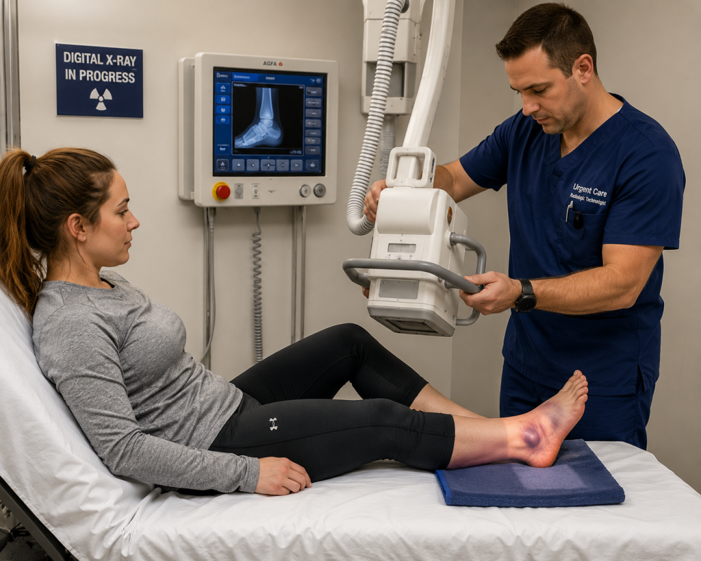 Patient lying on an exam table at an urgent care center, wearing casual athletic clothes, with a radiologic technician positioning a portable urgent care X-ray machine over a swollen left ankle. The room has bright overhead lighting, a wall-mounted X-ray control panel, and a "Digital X-Ray in Progress" sign in the background