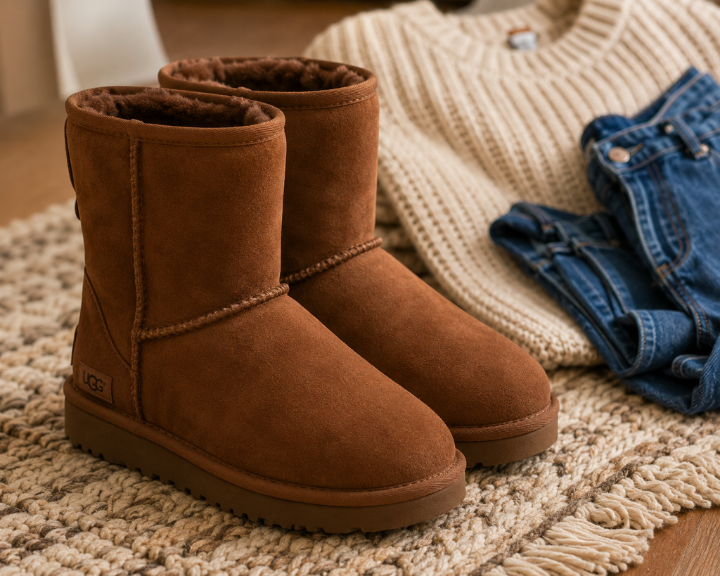 A pair of rich chestnut browns shoes uggs boots standing on a cozy wool rug, with a soft knitted sweater and denim jeans visible in the background to show everyday styling