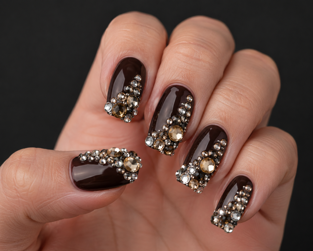 Close-up view of a human hand featuring an asymmetrical mosaic pattern of flatback nail gems in mixed 2mm and 5mm sizes, with some gems overhanging the free edge of the nail against a dark gel polish background